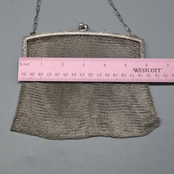 Antique Mesh Evening Purse – Kiss Lock Clasp, Chain Handle, Engraved Frame - Picture 14 of 15